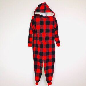 Gymboree Girls 5-6 Pajamas Red Buffalo Plaid Winter One Piece Open Foot Hooded